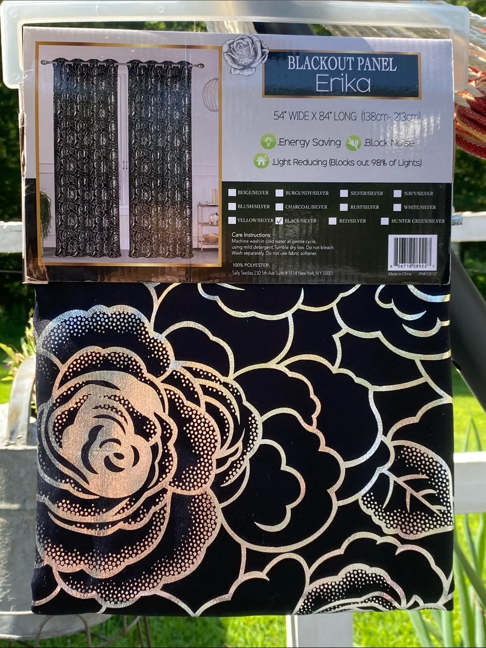 Erika Black Curtain Single Panel Silver Floral Metallic Print Blackout 54x84